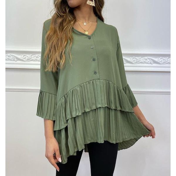 

women's t-shirt fashion summer solid v neck tshirts women elegant loose pullover front buttons pleated tees ladies, White