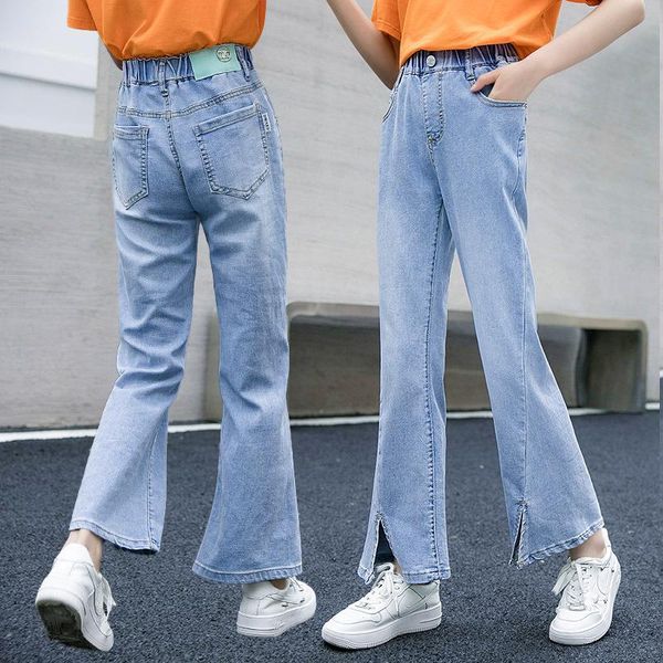 

jeans summer kids for girls casual straight solid color blue small split children elastic waist korean style trousers 6 8 10 12y