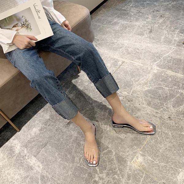 

rubber flip flops square heel shoes woman's slippers transparent med slides heeled mules hawaiian block 2021 high rome, Black