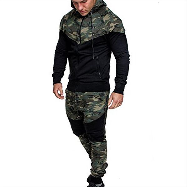 

fashion camouflage print casual sets mens tracksuits 2 pieces hooded sweatshirt pants pullover hoodie sportwear suit c, Gray