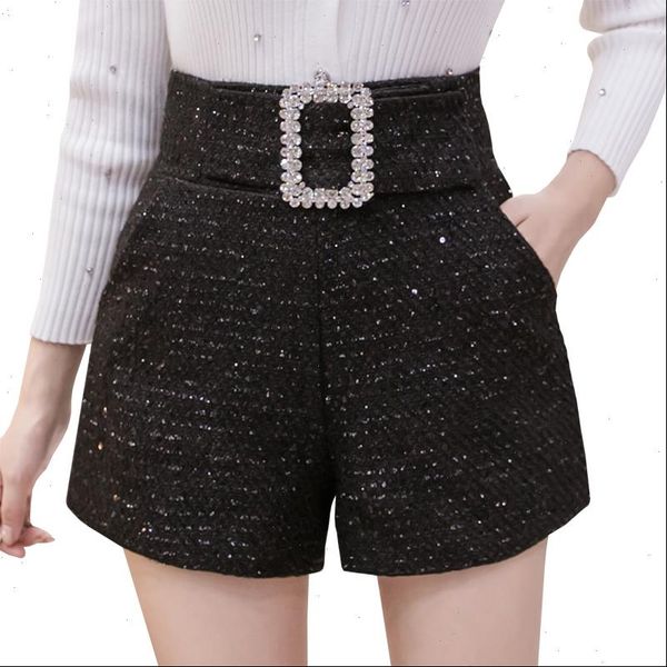 

fashion womens shorts tweed for women autumn winter sequins black diamonds belt high waist wide leg femme, White;black
