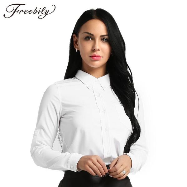 

women's blouses & shirts solid color summer women shirt 2021 long sleeve with pocket ol elegant white black office work wear