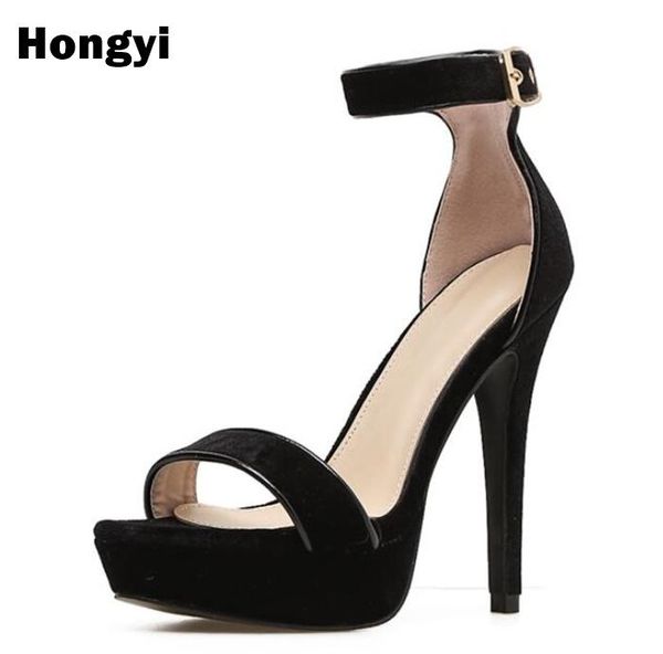 

fashion velvet pu leather women sandals summer shoes open toe thick heel mujer platform high-heeled woman, Black