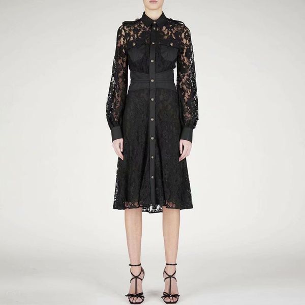 

casual dresses designer spring autumn women's long sleeve vintage elegant party fashion lace hollow single breasted midi dress, Black;gray