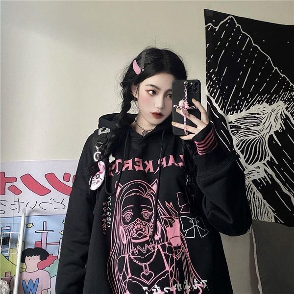 

women's hoodies & sweatshirts autumn anime gothic punk hooded sweatshirt oversize korean y2k streetwear 90s vintage harajuku dark clot, Black