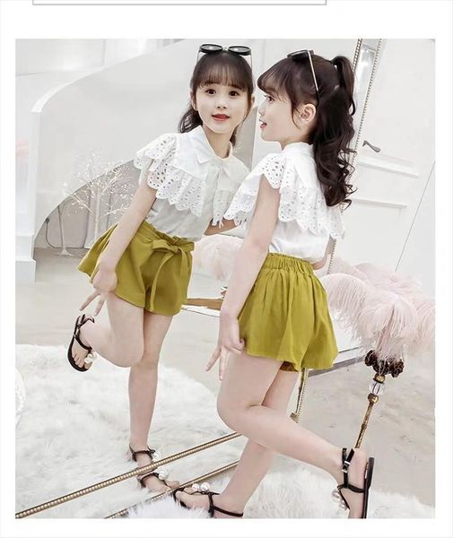 

summer girls set two pieces kids clothes lace t shirt tees amp shorts children clothing 4 5 6 7, White