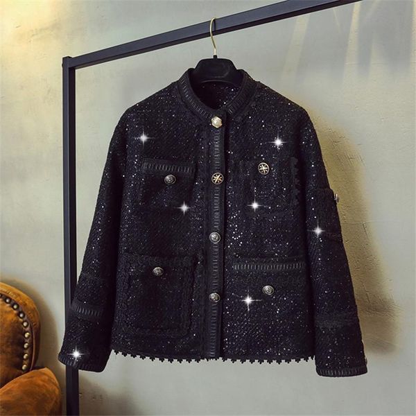 

women's jackets luxury designer brand jacket for women fashion stand collar single breasted sequined lace short coat black, Black;brown