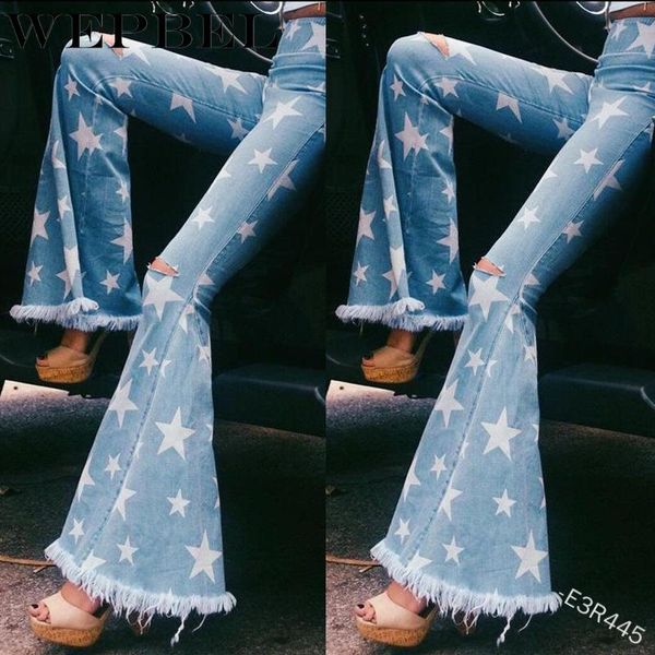 

women long hole denim jeans star printed ripped flare pants with tassel streetwear fashion female casual bell-bottom jean women's, Blue