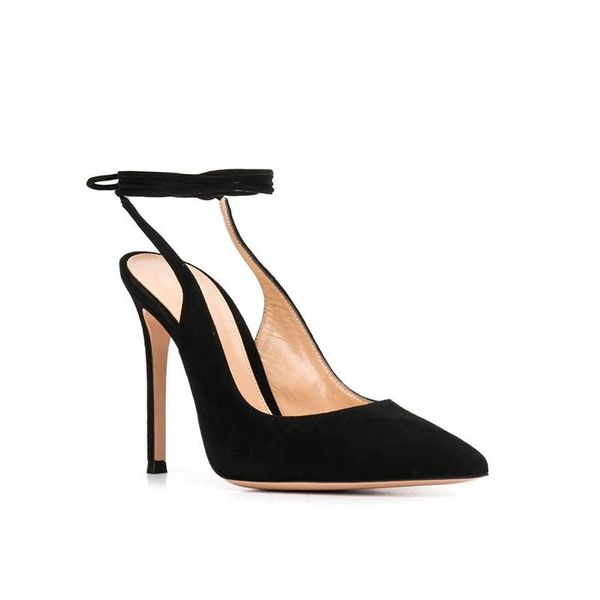 

women's pumps high heels fashion single shoes pointed toe ankle lace-up thin heel suede solid ladies shoe sandals dress, Black