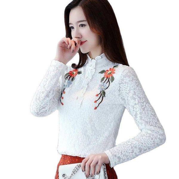 

women's blouses & shirts thin section/thick payment plus velvet lace embroidery base shirt female long sleeves autumn keep warm inside, White
