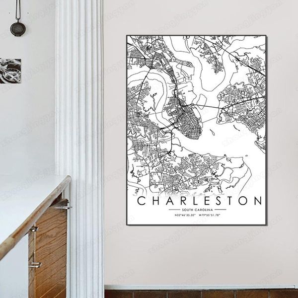 

paintings black and white city map the charleston poster hd print wall art canvas nordic landspace painting for home decor