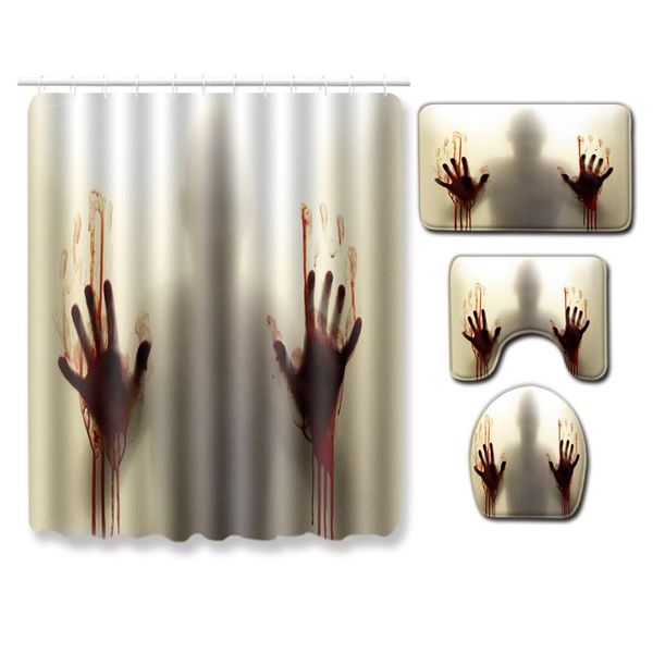 

bath accessory set 4pcs terror theme bathroom with durable waterproof shower curtain and bathtub floor mat carpets rugs toilet lid cover