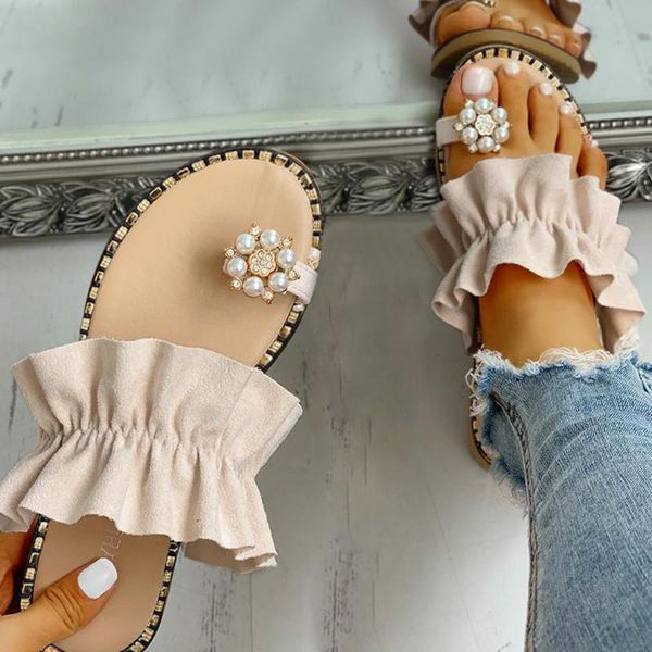 

slippers sagace women shoes ladies girls pearl rhinestone flat flipflop bohemian style ruffles beach summer 2021mar1, Black