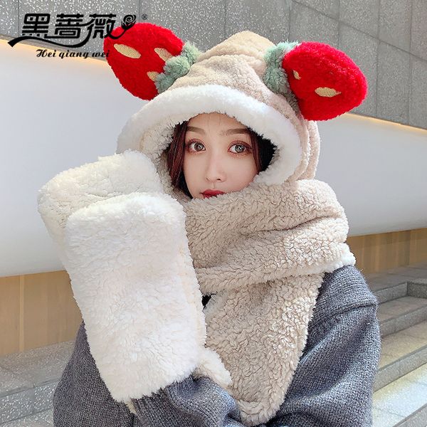 

visor winter lambskin scarf gloves three-in-one earflaps thickened plush bonnet one warm hat for children, Blue;gray