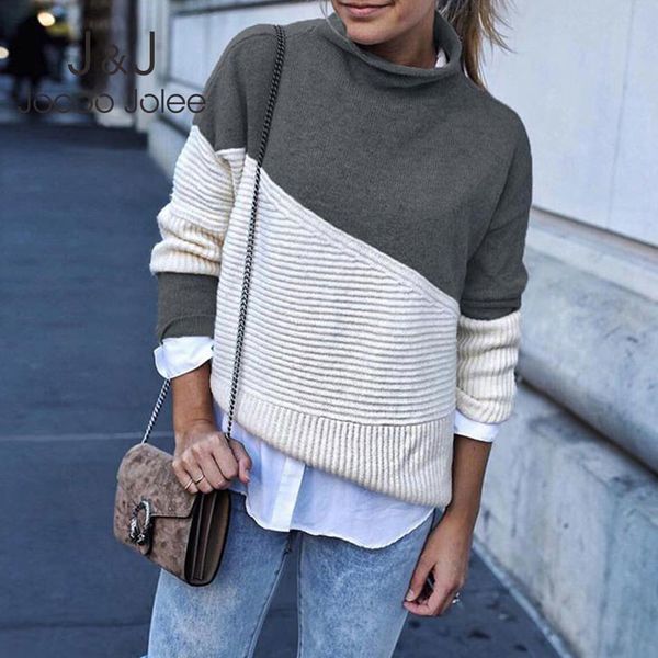 

jocoo jolee winter hit color turtleneck knitted sweater for women vintage patchwork pullovers casual jumpers drop 210518, White;black
