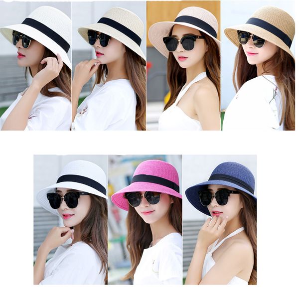 Damen Sommer Breite Krempe Sonnenhut Frauen Floppy Sonnenhut Outdoor Klapp Strand Stroh Hüte UV Schutz Kappe mit Band Großhandel