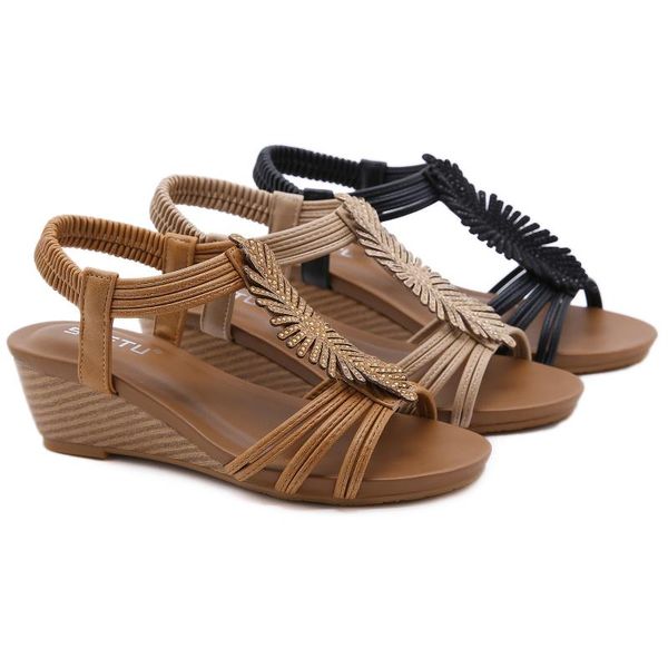 

casual slope with high heel sandals women summer roman shoes thick bottom large size slim flower diamond, Black