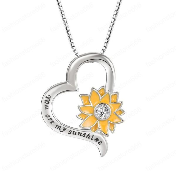 

yellow diamond sunflower you are my sunshine heart pendant necklace women children necklaces fashion jewelry gift, Silver