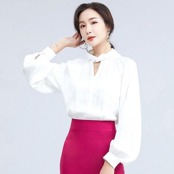 

women's blouses & shirts 2021 spring pleated cross stand collar hollowed out solid chiffon shirt european and american style springless, White