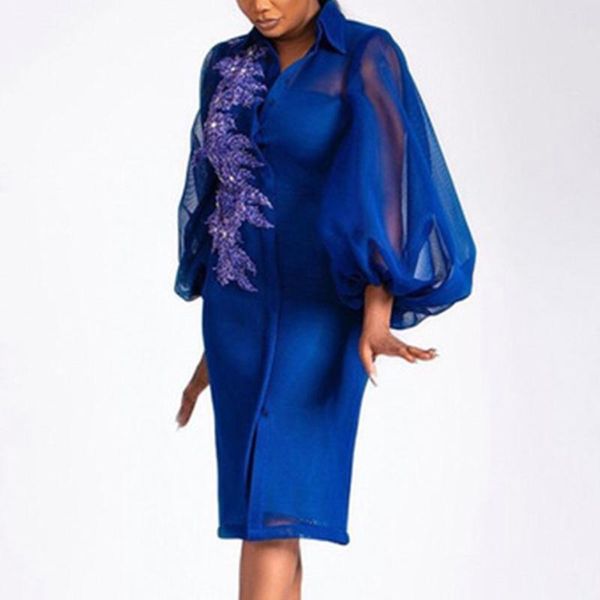 

casual dresses elegant blue embroidery lantern sleeve single breasted turn down collar fashion evening night party vestidos mujer dress, Black;gray