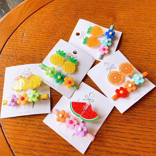 

2 pcs new korean children cute colorful resin fruit flower duckbill clip sweet girl princess fashion hairpins hair accessories, Slivery;white