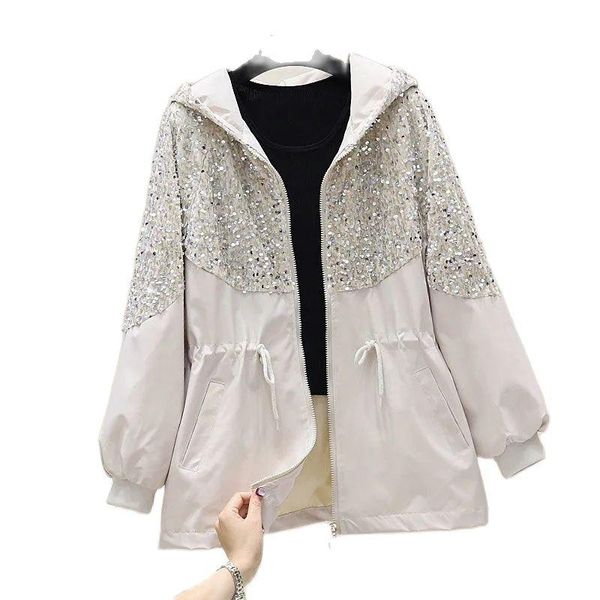 

women's trench coats 2021 spring autumn receive waist sequins coat fashion all-match female outerwear zipper hooded ladies jacket, Tan;black