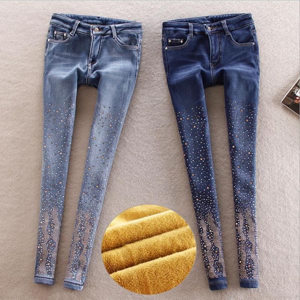 

wholesale fashion brand diamond beading with velvet warm jeans female street style pencil wq2211 dropship women's, Blue