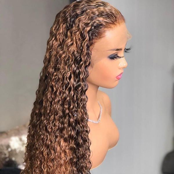 

lace wigs crissel ombre kinky curly front wig brazilian virgin hd highlight bob loose deep wave human hair, Black;brown