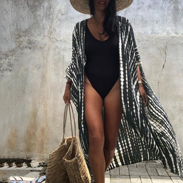 

women's swimwear 2021 100% cotton black retro striped batwing sleeve self belted plus size long kimono dress tunic women summer beach, White;black
