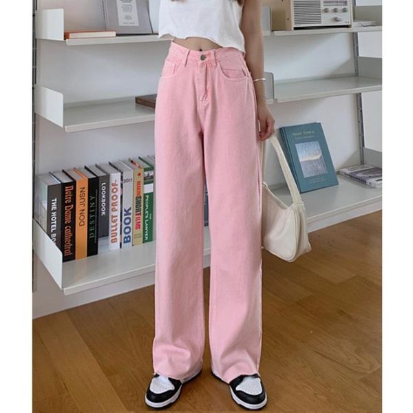 

women's jeans pink straight spring and autumn summer thin high waist wide leg pants sweet spicy loose floor, Blue
