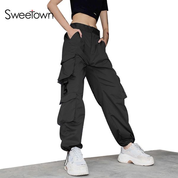 

sweetown black cotton plus size cargo pants women blue loose pockets trousers women streetwear elastic high waist baggy pants, Black;white