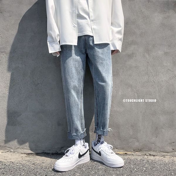 

men's jeans light-colored casual pants biker denim trousers daddy straight stretch slim fit classic cargo pocket c03j, Blue