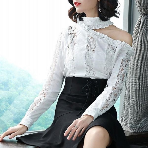 

designer womens blouse hollow out ruffles lace off shoulder sweet slim fit long sleeve shirt women's blouses & shirts, White
