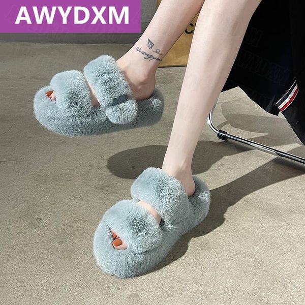 

slippers luxury fur shallow sweet fashion 2021 casual women home cotton shoes winter flats soft plush slides flip flops, Black