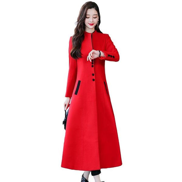 

women's wool & blends 2021 fashion autumn winter x-long woolen coat women slim elegant outerwear female spring solid color jackets 2945, Black
