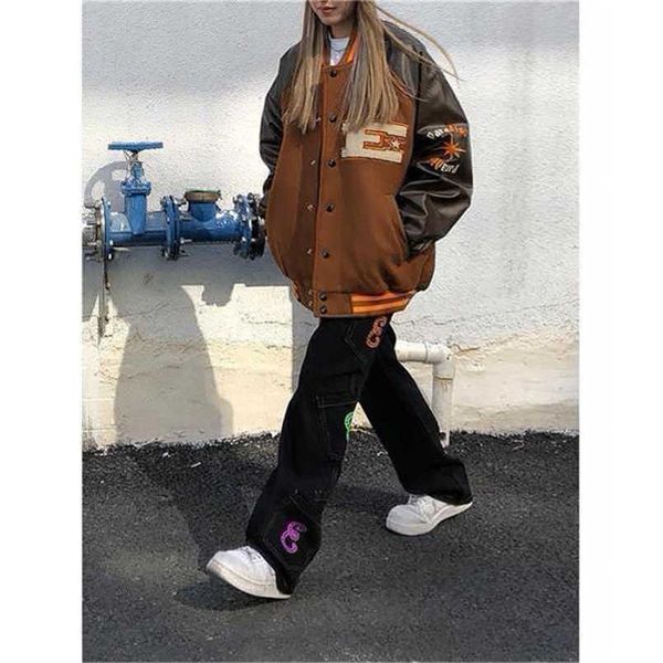 Braune Jacke Baseball Bomber Weibliche Männer Zip Up Jacke Frauen Kleidung Harajuku Plus Größe Streetwear Oberbekleidung Goth Japanische 211112