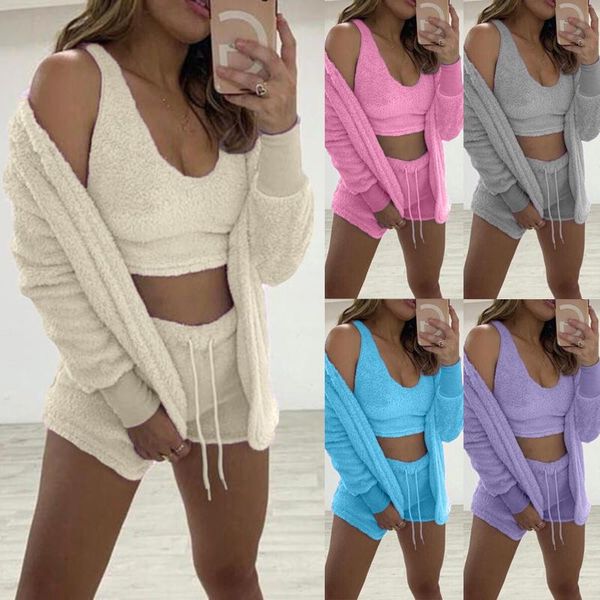 

women's tracksuits autumn women three piece flannel shorts set cotton loose solid color sport o-neck long sleeve leisure basic matching, Gray