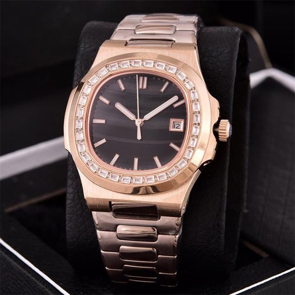 

7 colors 40mm nautilus 18k rose gold transparent back diamond bezel 5711/1a 40mm asia 2813 automatic movement date mens watch, Slivery;brown