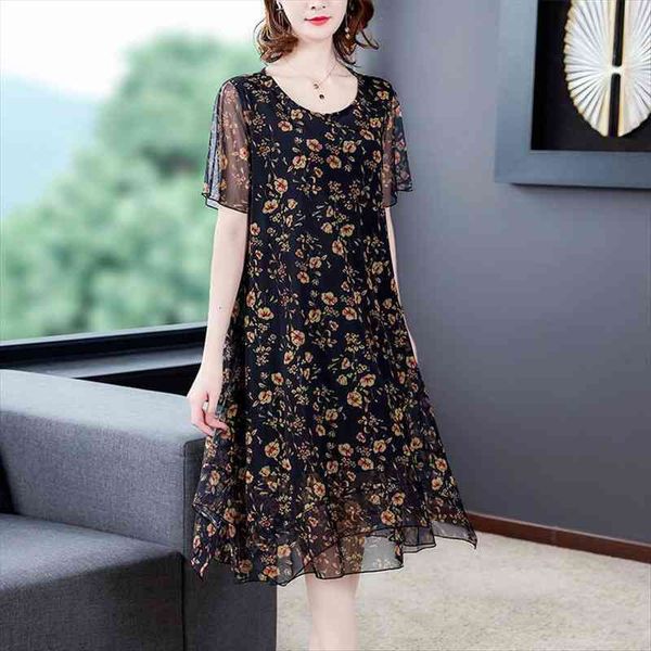 

summer loose floral gauzy chiffon womens dress vestido de mujer, Black;gray