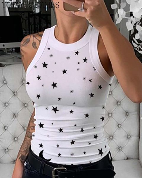 

women's tanks & camis stars print sleeveless v neck t tank female casual blouse, White