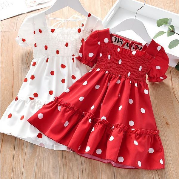 

girl's dresses summer sweety kids girls short sleeve polka dot dress stylish casual beach sundress 3-7y, Red;yellow