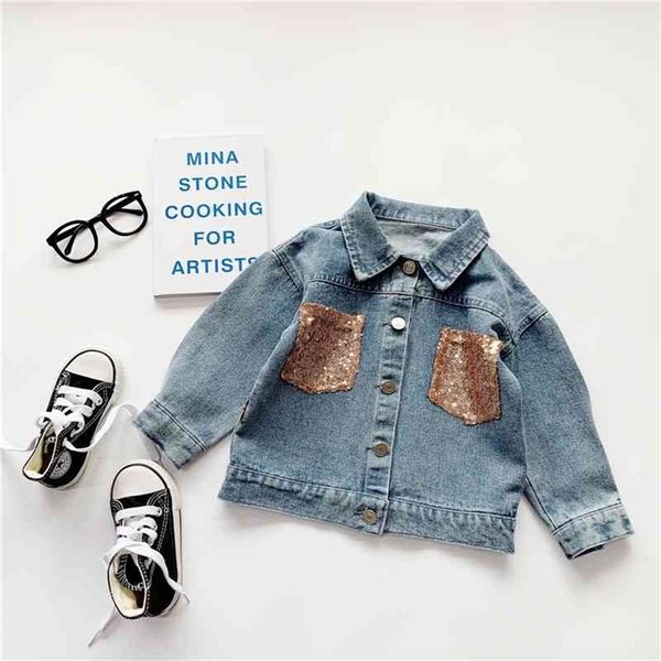 

gooporson fall kids clothes fashion korean sequins little girls denim jacket coat baby girl costume children outwear jackets 210715, Blue;gray