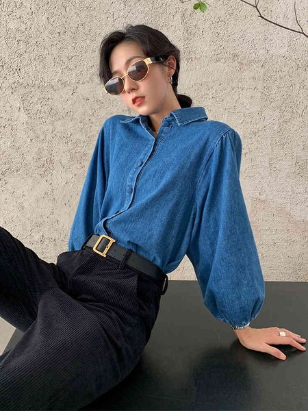 

skirt woman in the dark blue jean 2021 female lantern sleeve denim shirts, Black