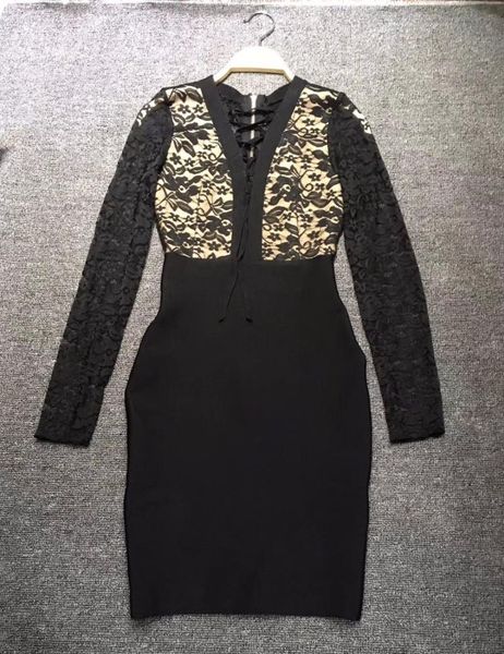 

casual dresses winter women dress elegant patchwork long sleeves lace celebrity runway bodycon party bandage, Black;gray