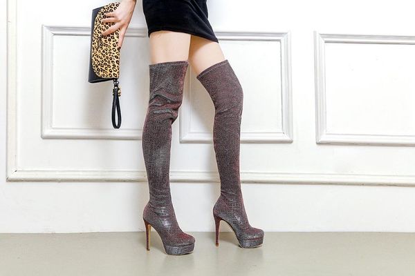 

boots arqa green leopard female over-the-knee autumn and winter warm short plush high-heeled pointed elastic long boot, Black