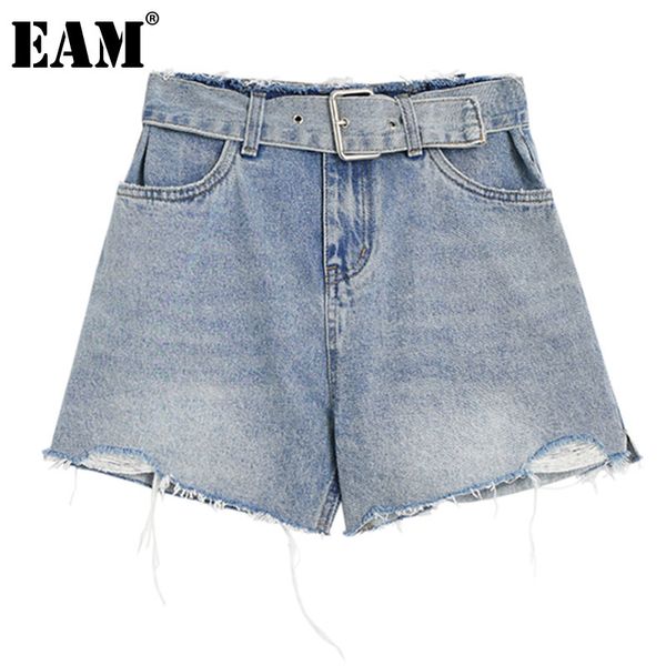 

[eam] women casual blue belt burr wide leg denim shorts high waist loose trousers fashion spring summer 1dd8375 210512, White;black