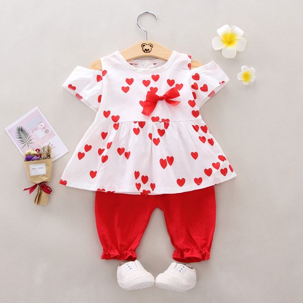 

2021 summer new kids clothing girl clothes set cute bow short sleeve + pants 2 piece baby girl set, White