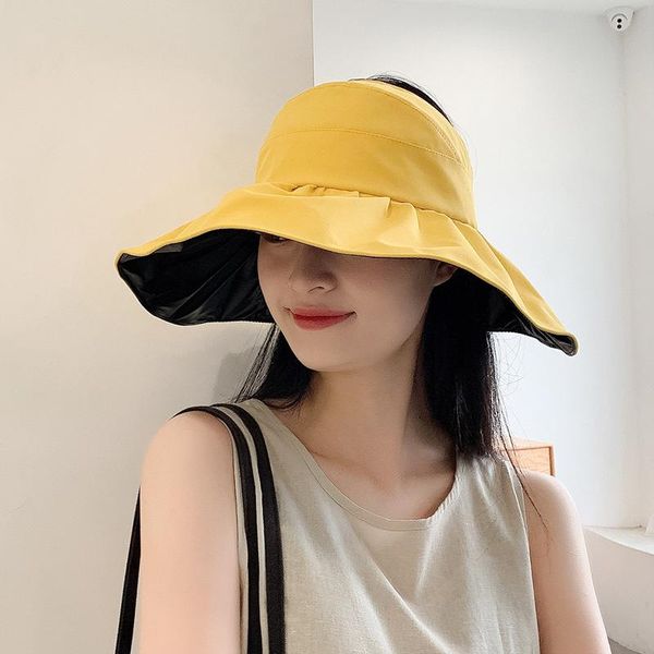 

caps & hats 2021 women's sunscreen hat black glue uv protection big brim sunshade spring summer beach empty top, Yellow