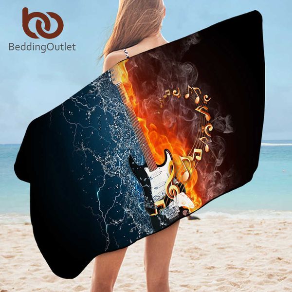 BettwäscheOutlet Bassgitarre Badetuch für Badezimmer Musical 3D-Druck Mikrofaser Reise Strandtuch Feuer Wasser Decke Serviette 210611