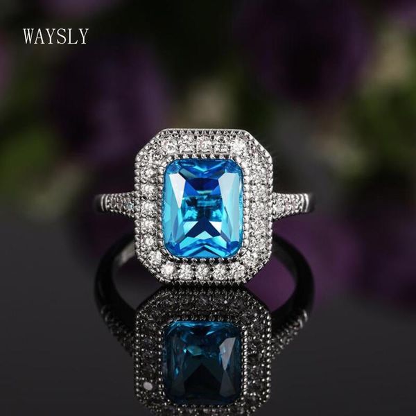 

brilliant women engagement wedding rings blue cubic zircon bridal ring light luxury jewelry, Slivery;golden